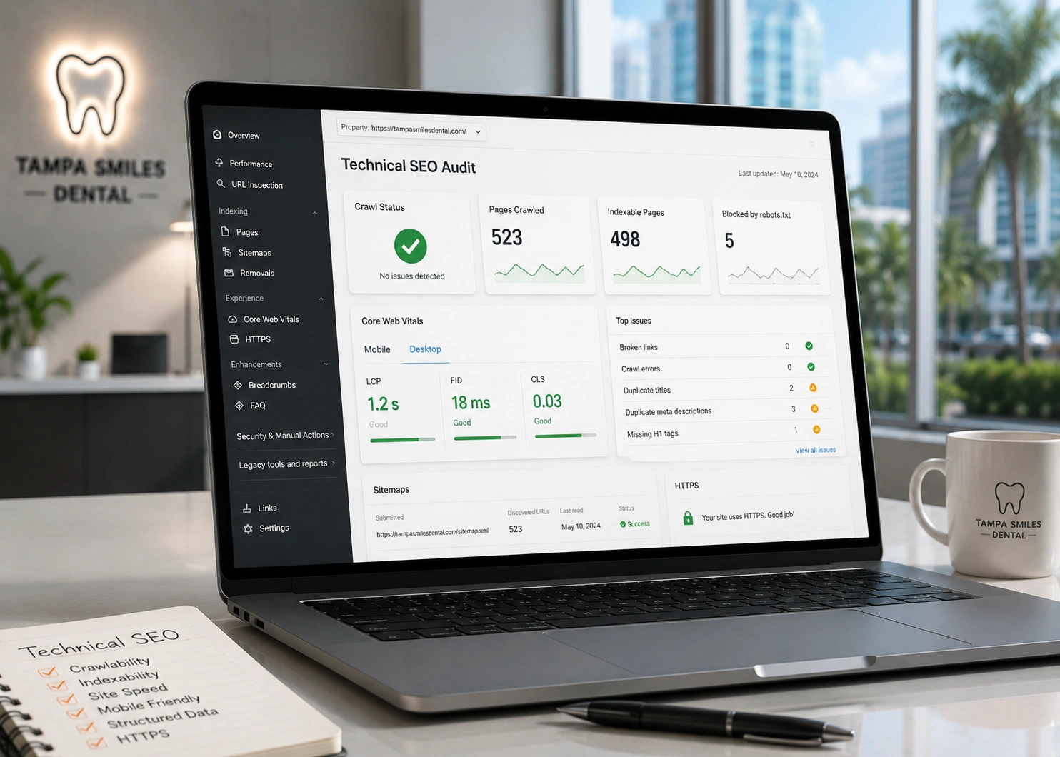 Technical SEO for Dental Websites Tampa Technical SEO audit dashboard displaying Core Web Vitals, site speed, and schema markup for dental practices.